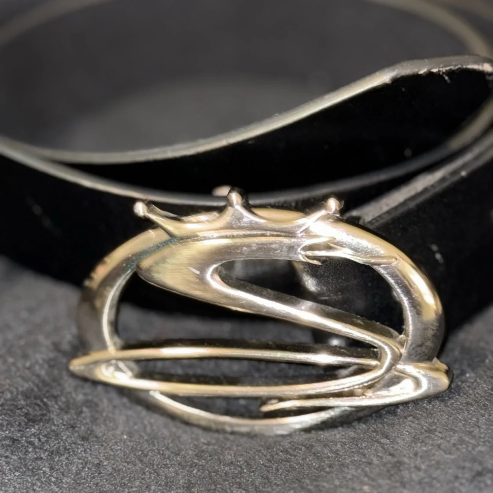 Silver Snake Buckle, Black Leather Belt for Women, Thick belt, 90s Vintage